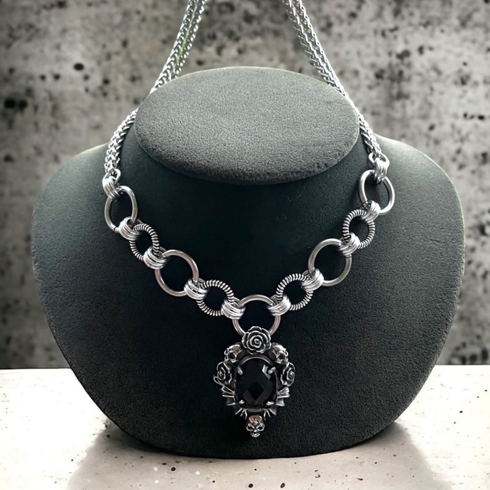 stainless steel necklace double wheat chain onyx stone rose & skull charm - Picture 3 of 13